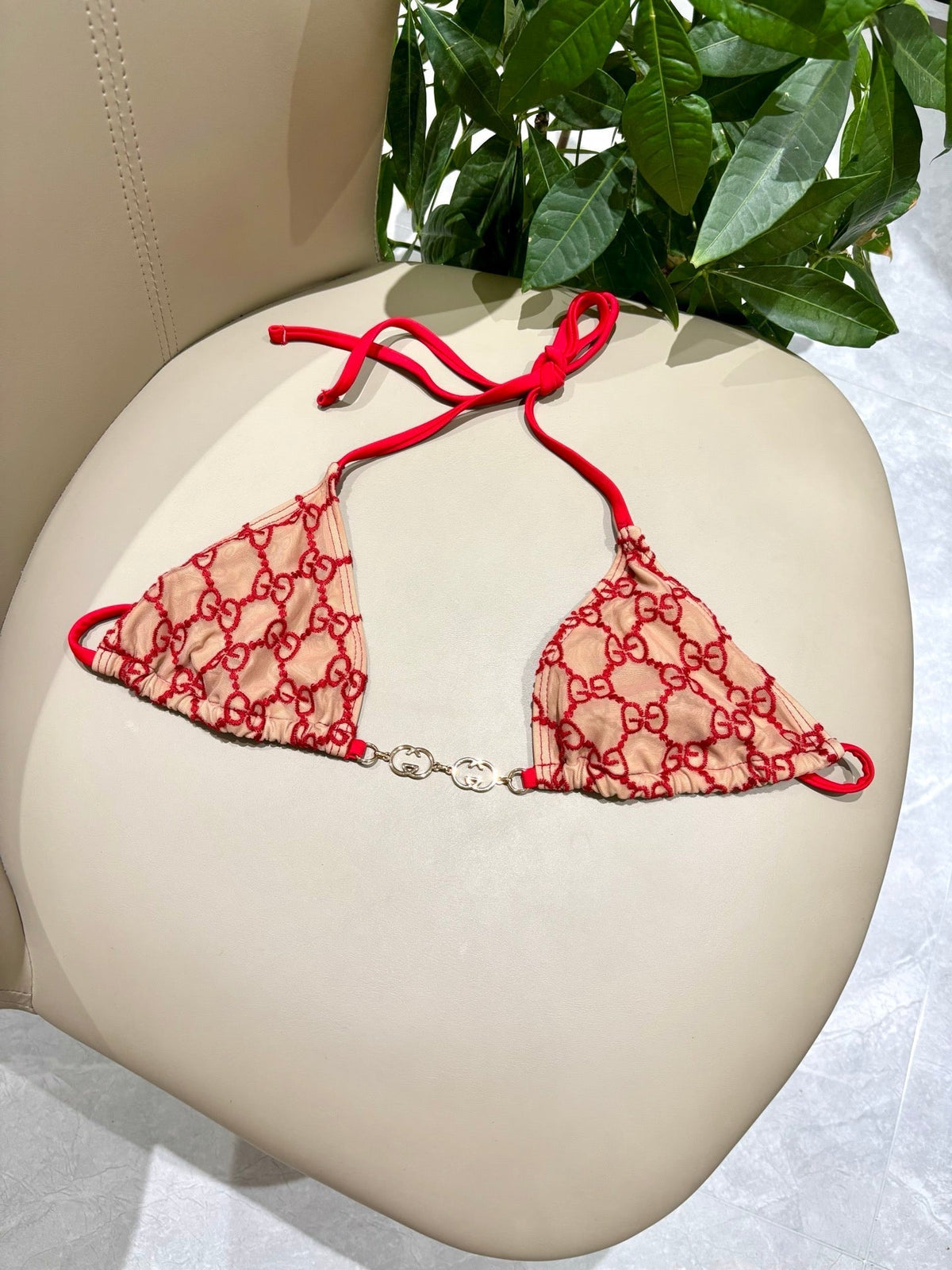 GG Beige Bikini Featuring Red Embroidered with Gold Chain Detail in Polyamide 241844