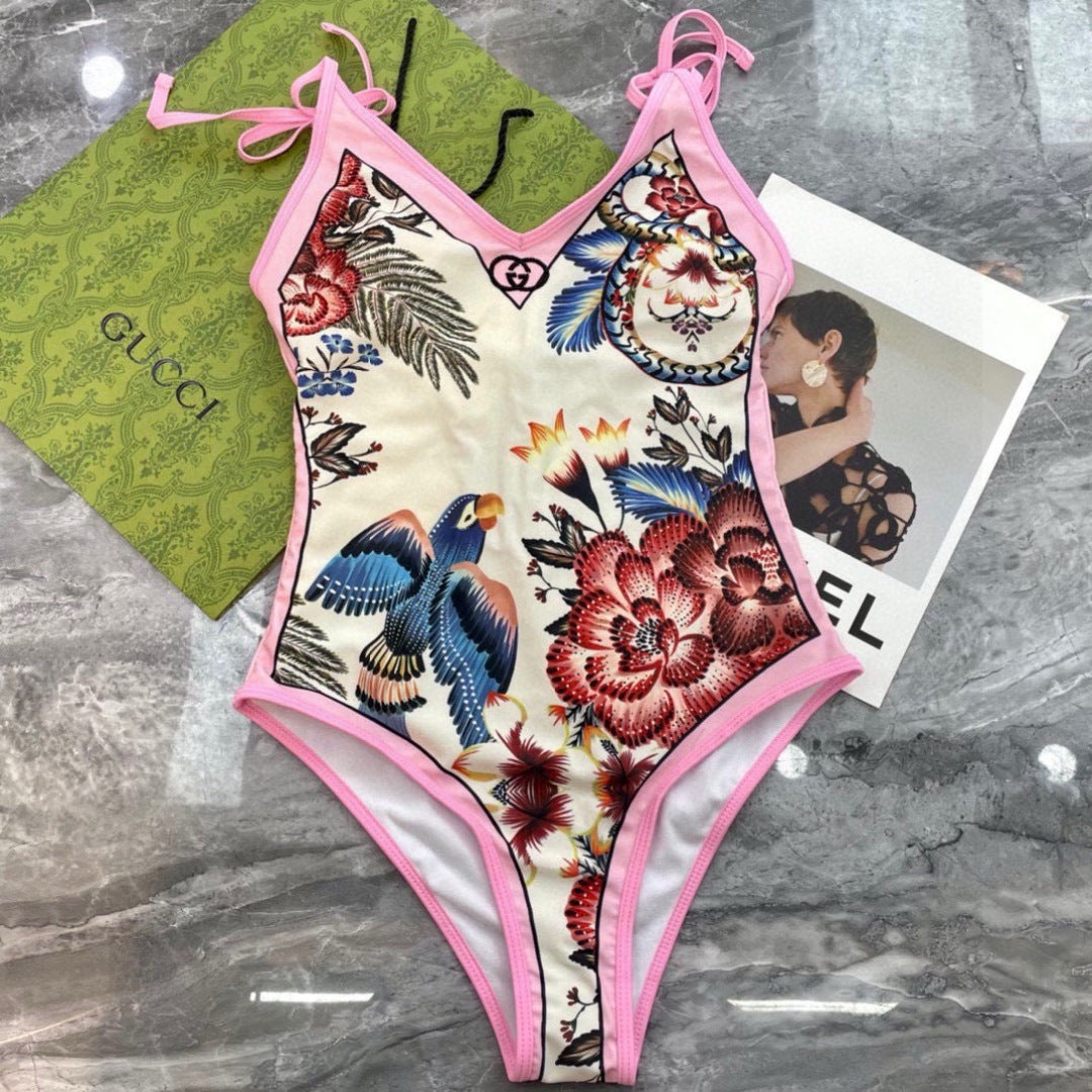 GG Floral & Bird Print Swimsuit and Sarong Set Cream Pink 330761