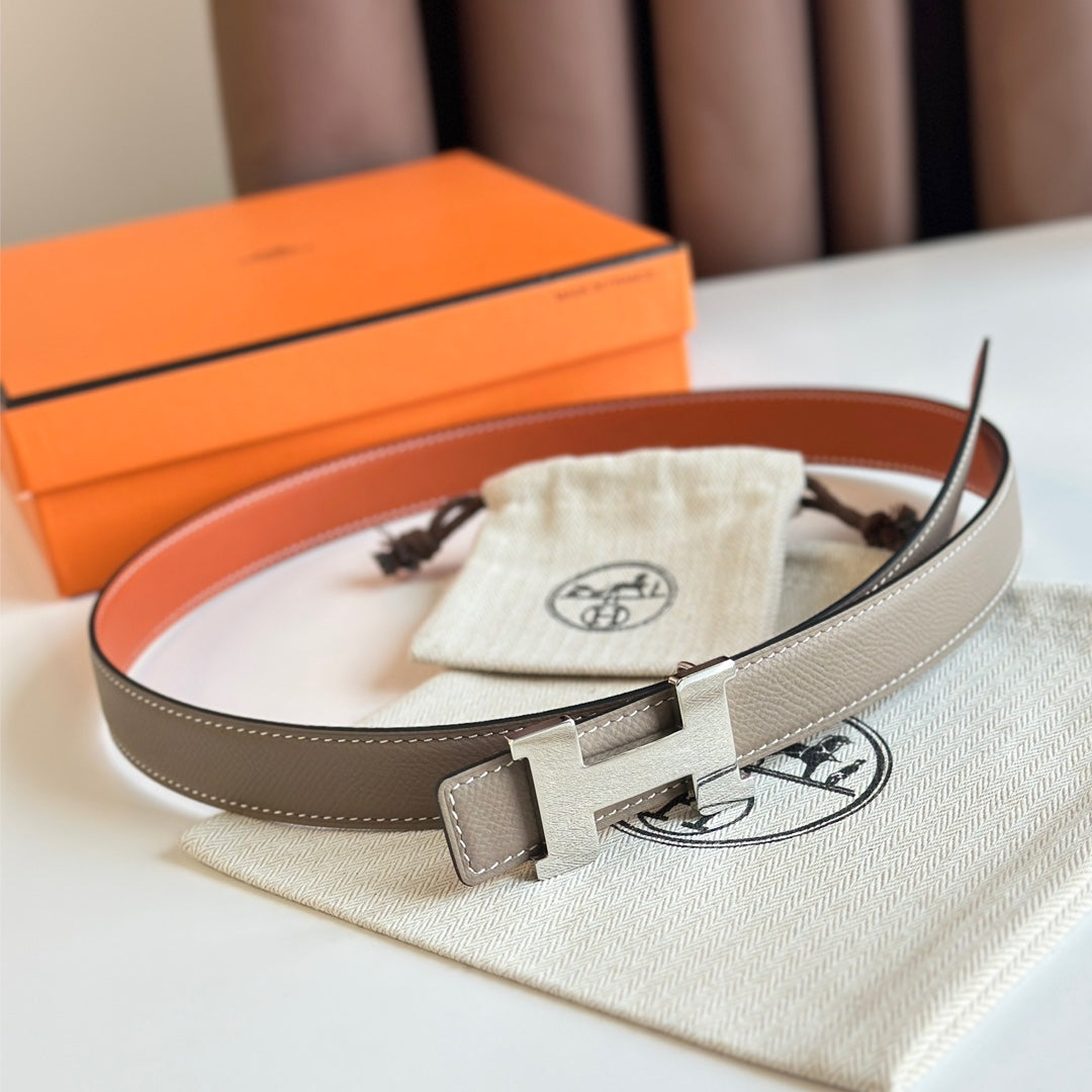 HM Silver Constance & Reverible Belt Brown Etoupe Leather 125372