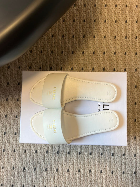 Celine 26 Flat Mule Slippers White Sheepskin 621530