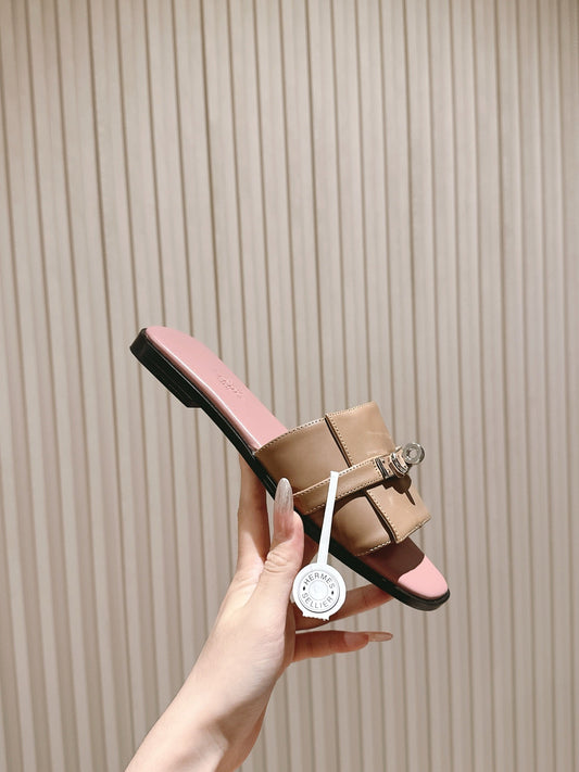 HM 2026 Flat Slippers Taupe Pink Calfskin 655859