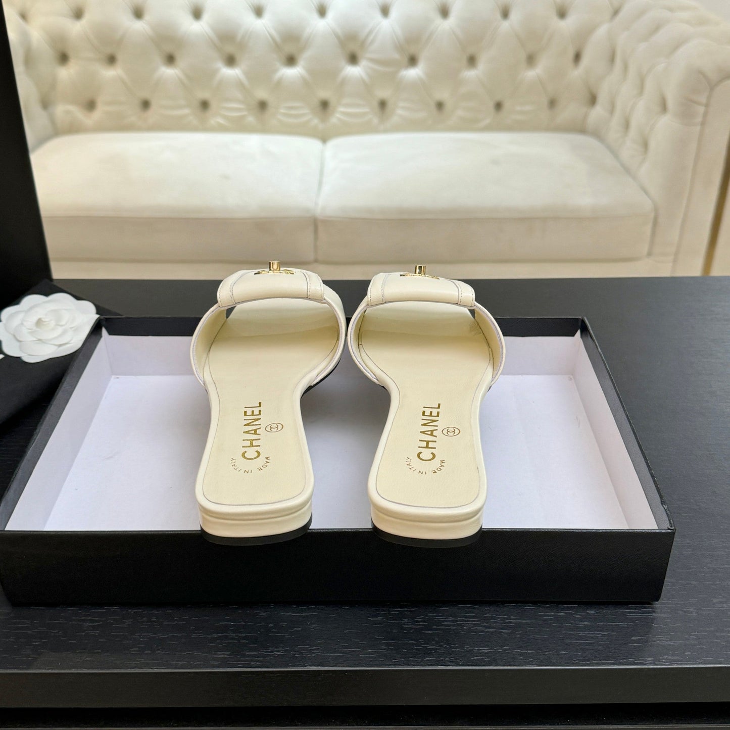 Chanel 2026 Double C Buckle Square Toe Slipper White Lambskin 673031
