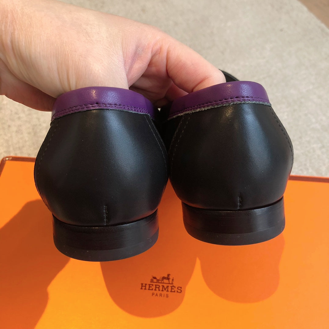 Royal Loafer Black Mix Purple and White Calfskin With Fringe Detail And Black Signature Buckle 509413