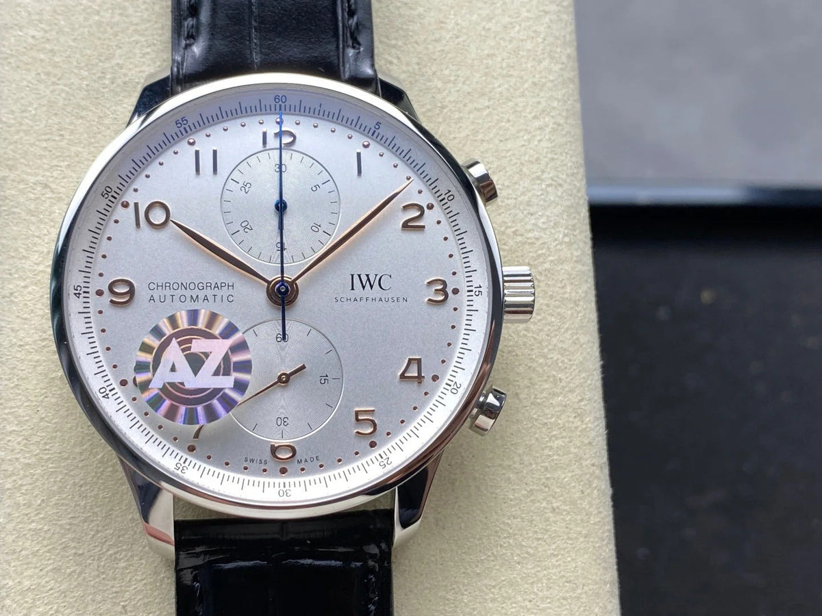 IWC Portuguese 41mm Black Dial Steel Case Pink Gold Numerals Crocodile Leather