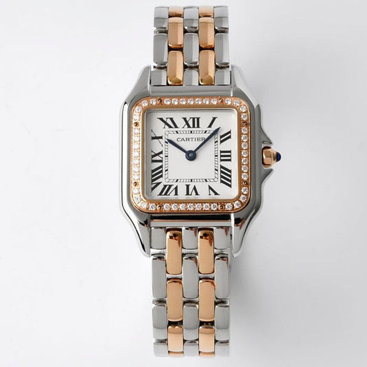 PANTHERE 27MM PINK GOLD SILVER CASE DIAMOND BEZEL WHITE DIAL