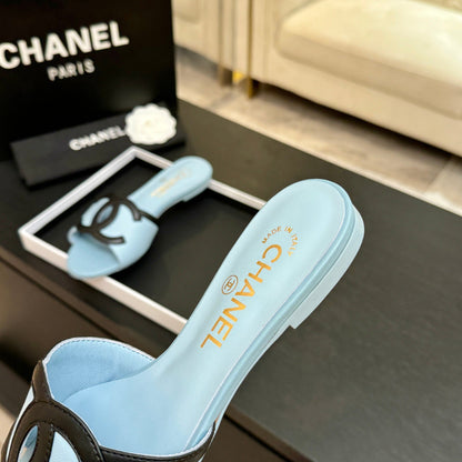 Chanel 2026 Flat Sandal Light Blue Black Cowhide