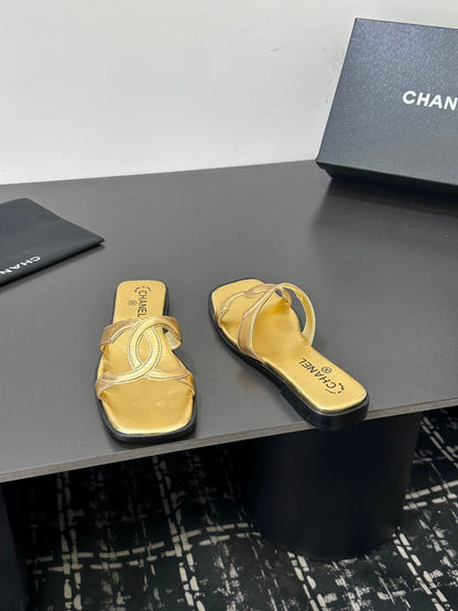 Chanel 2026 Flat Sandal Gold Cowhide