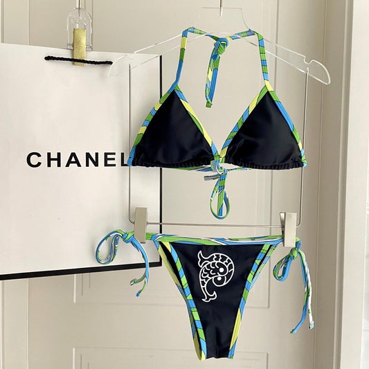 Pucci Multicolor Print Two-Piece Bikini Black Cotton Blend 149639