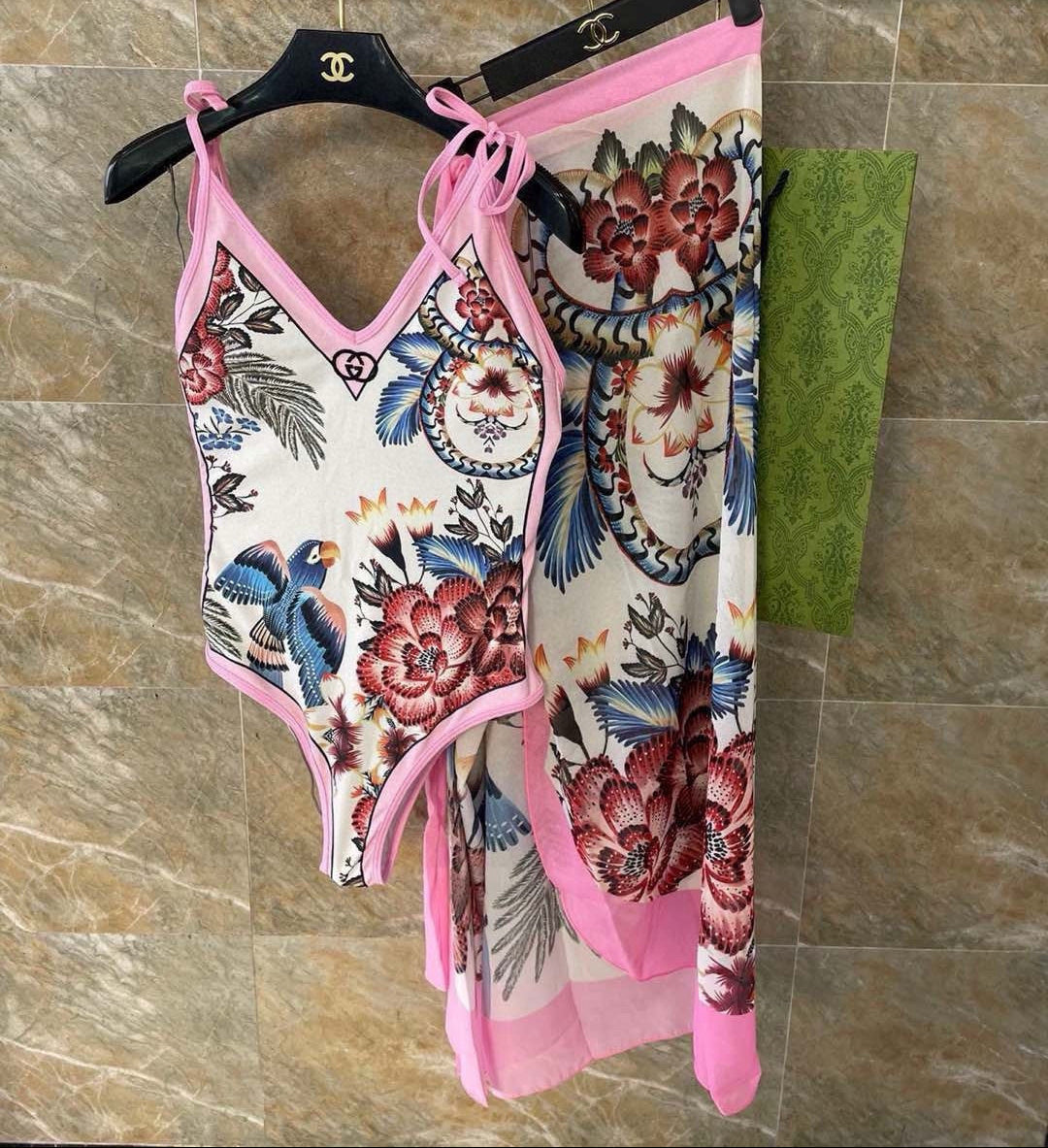 GG Floral & Bird Print Swimsuit and Sarong Set Cream Pink 330761