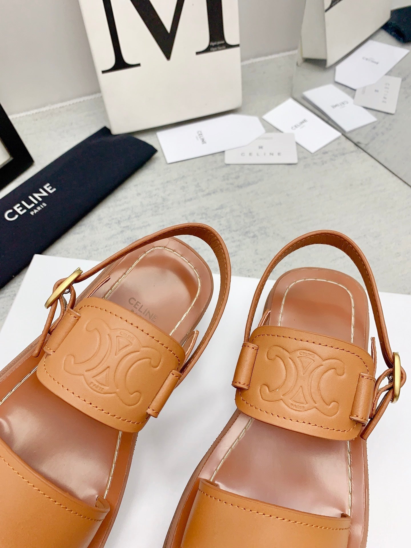 Celine 26 Clea Triomphe Retro-Chic Sandals Calfskin Leather 732451