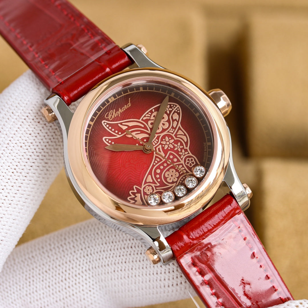 Happy Diamond 36mm Pink Gold Red Dial