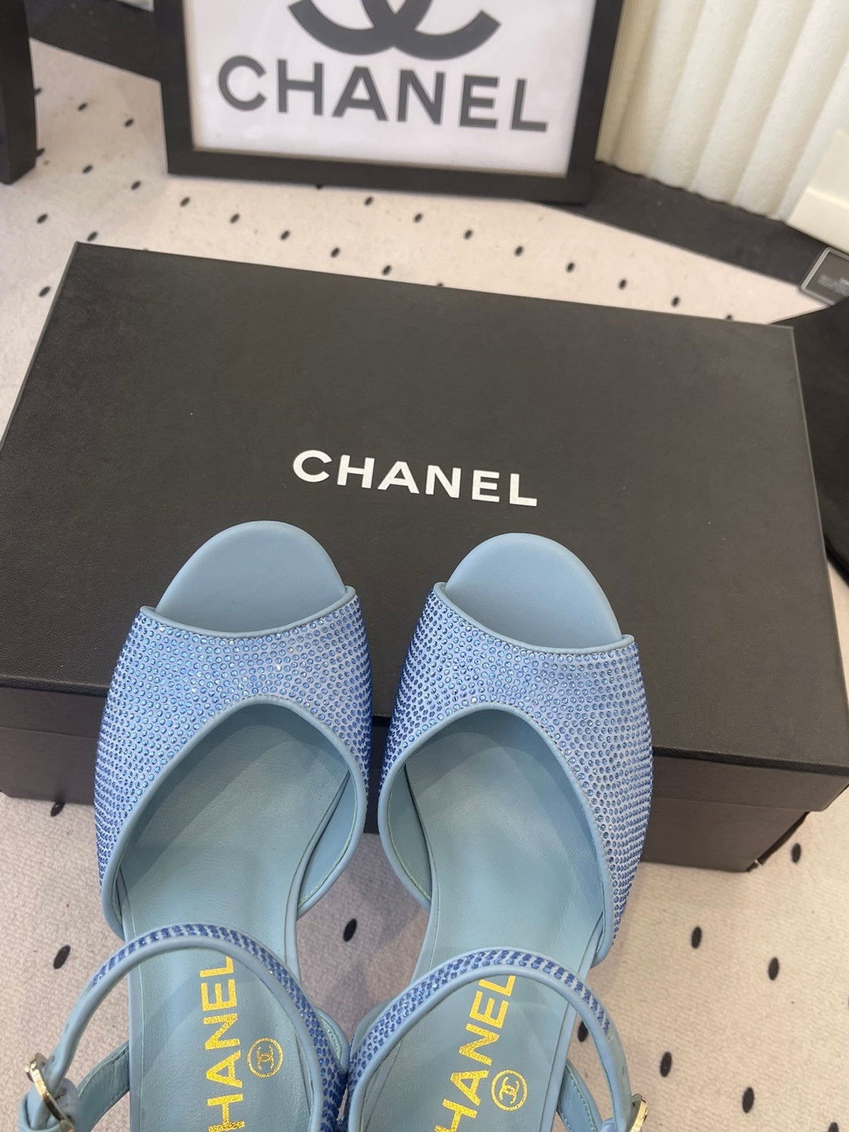 CC 26 Rhinestone Sandal 75mm Blue Lambskin 611732