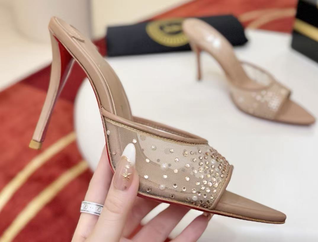 Christian Louboutin 2026 Miss Z Degrasstrass Perla 80mm Mule Beige Red Mesh Leather