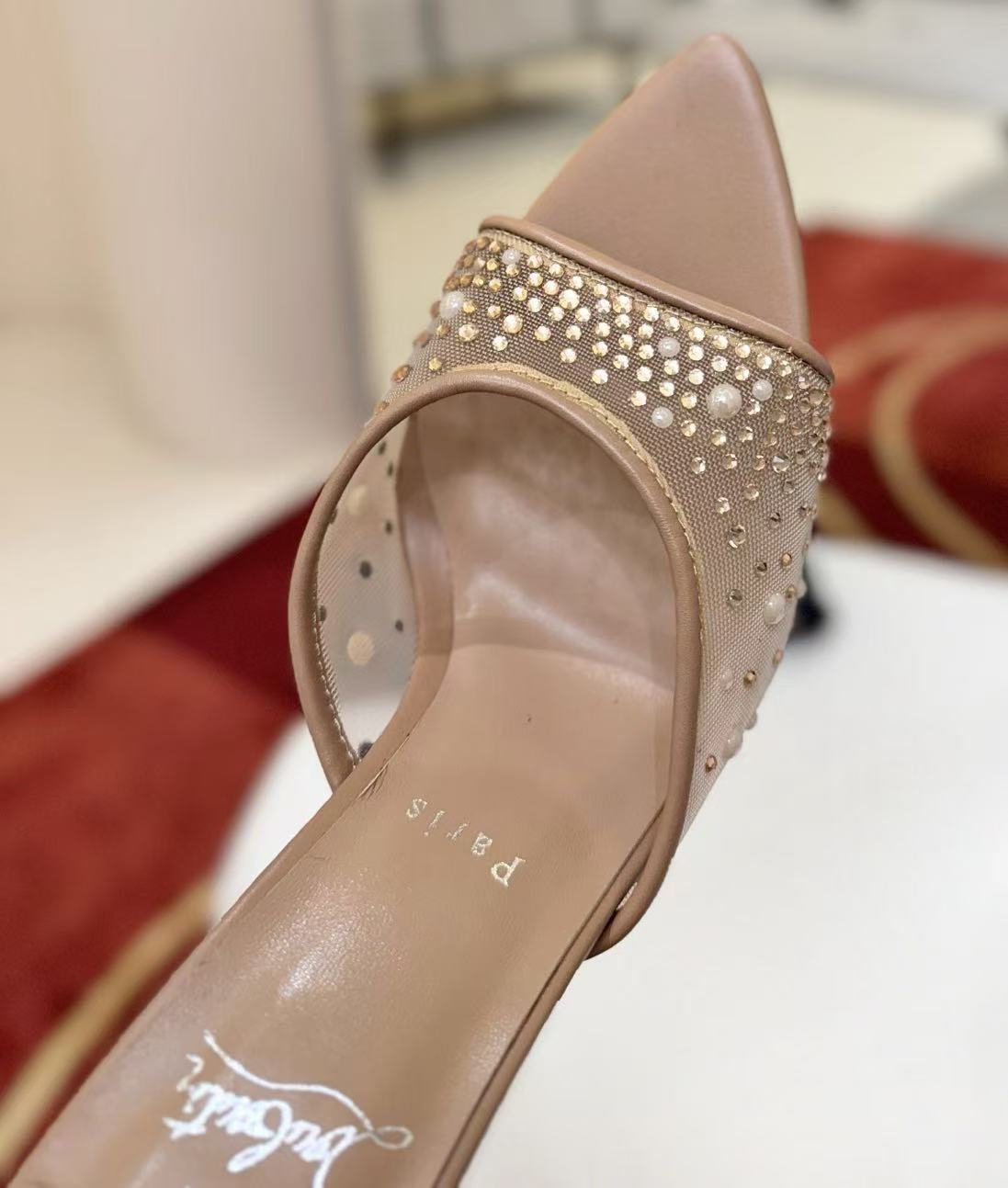 Christian Louboutin 2026 Miss Z Degrasstrass Perla 80mm Mule Beige Red Mesh Leather
