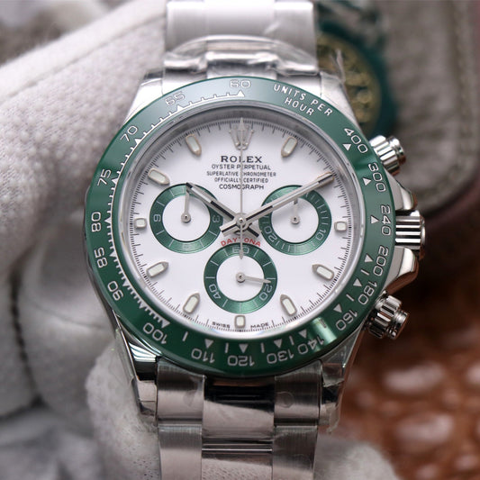 DAYTONA 40MM STEEL CASE GREEN BEZEL WHITE DIAL