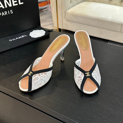 CC 2026 High Heeled Slippers 70 Lace Cowhide 700609