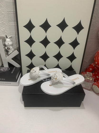 Chanel 2026 Camellia Flip-Flops Patent Calfskin 802344