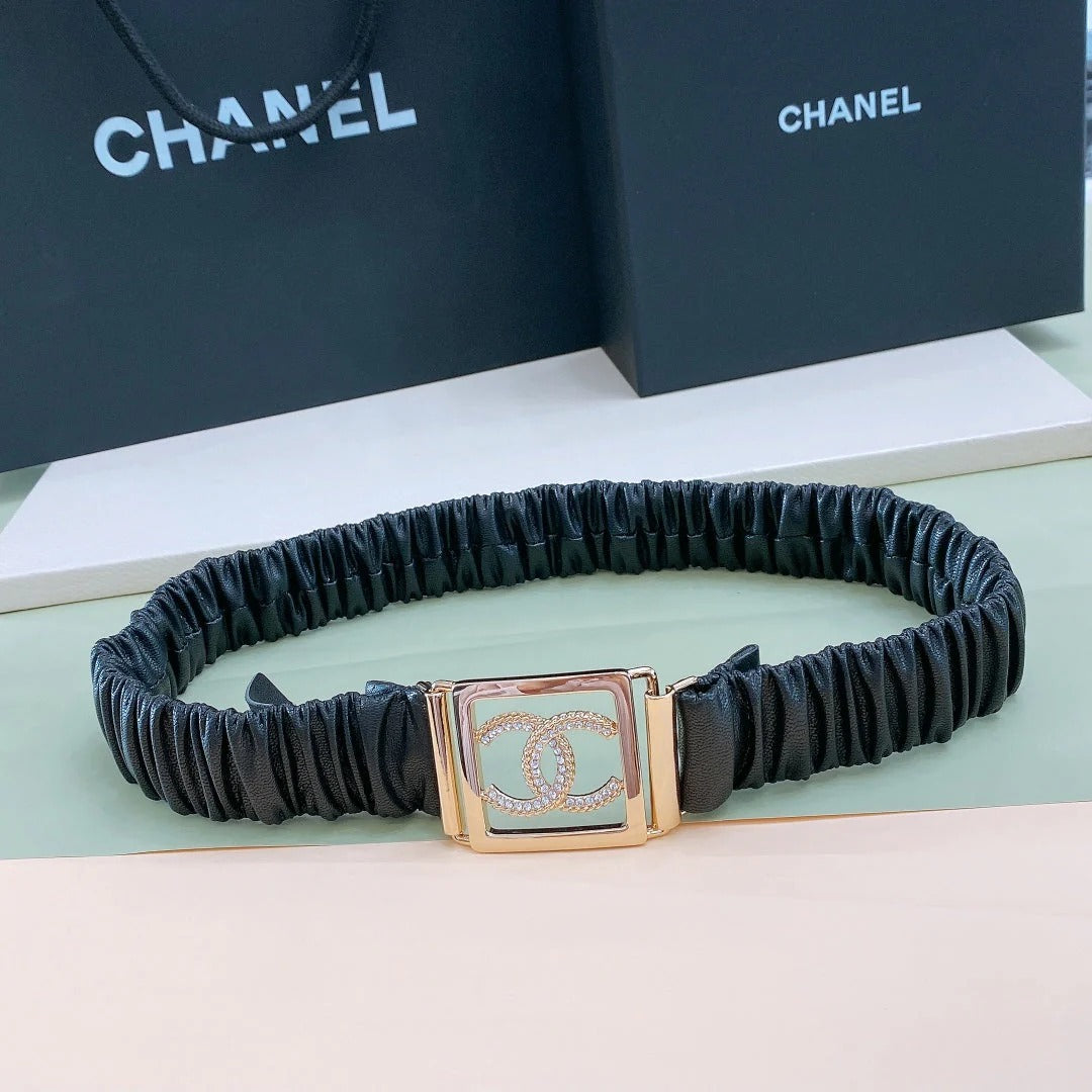 Chanel Rhinestones CC Square Buckle Belt Black Gold in Calfskin 205357