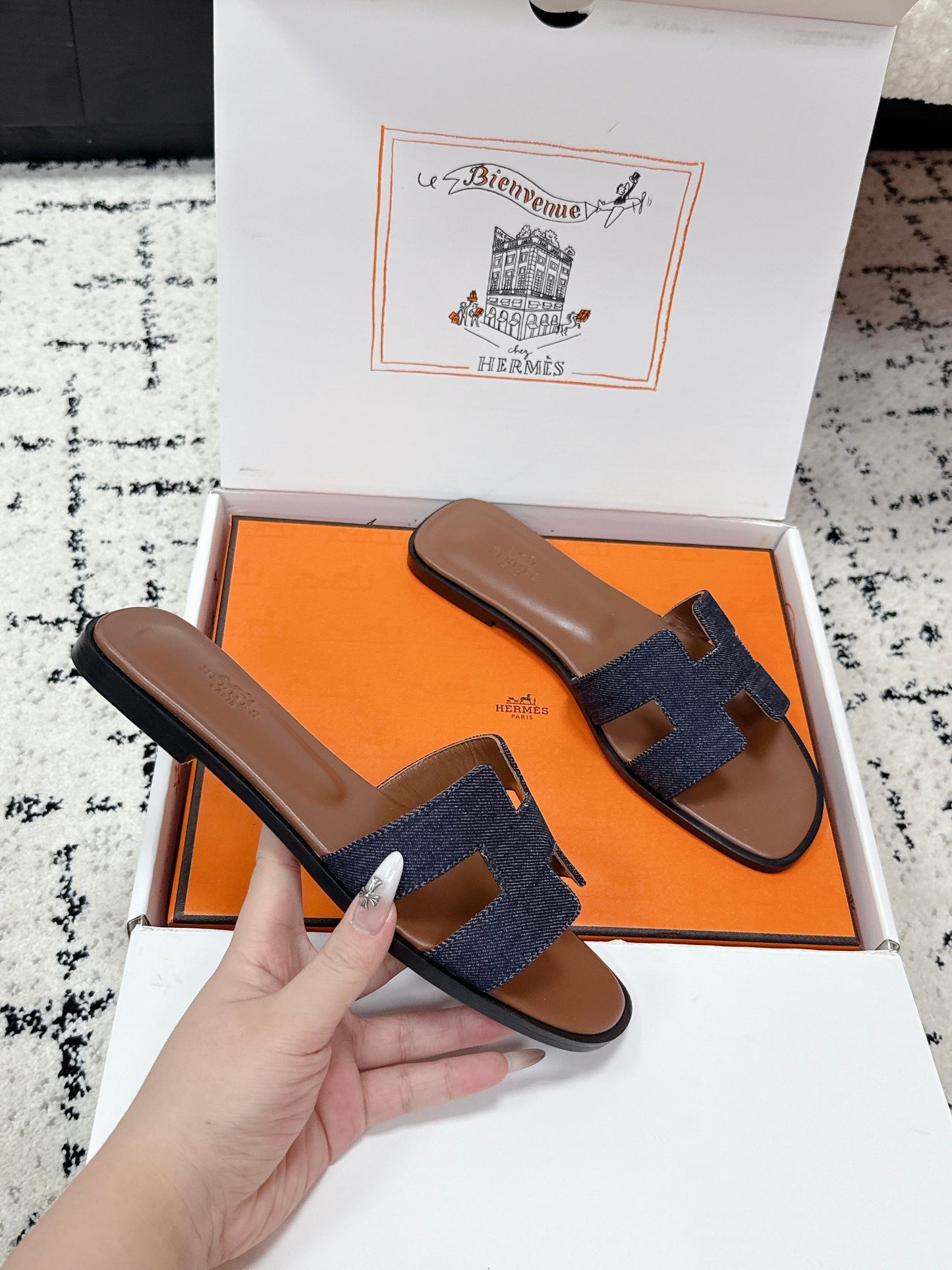 HM 26ss Oran Sandals Blue Brown Denim Cowhide 617181