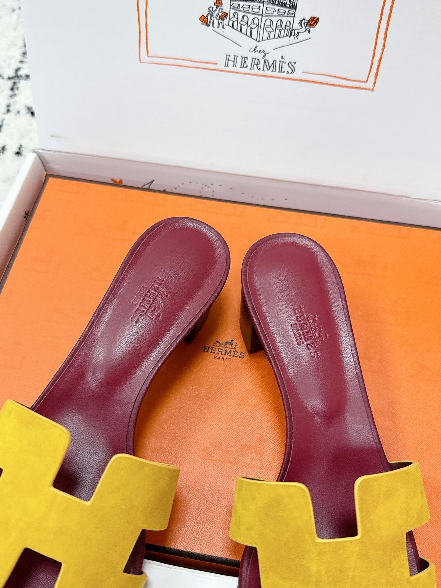 HM 26ss High-Heeled Sandals 50 Burgundy Yellow Cowhide 617229