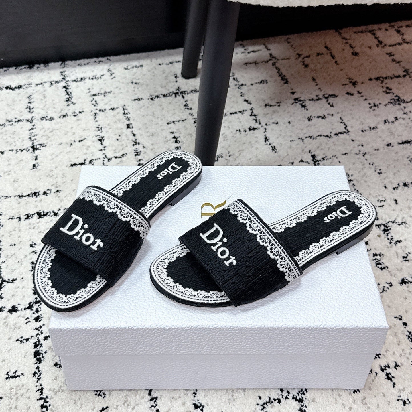 CD 26 Embroidered Slippers Black Canvas 617083
