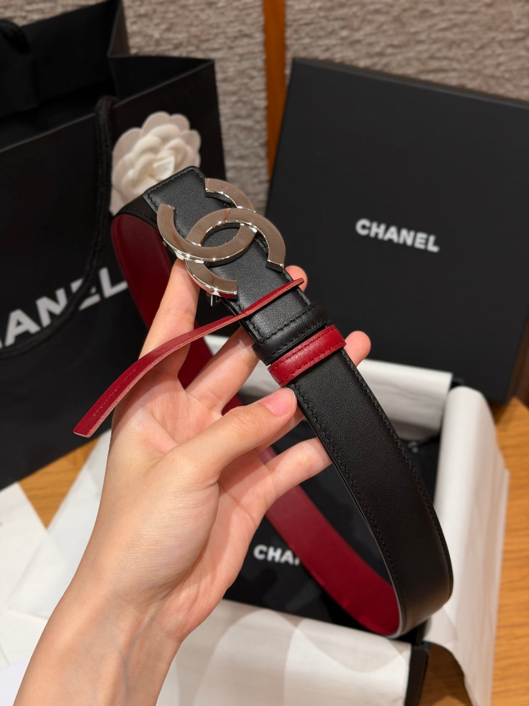 CC 26s Belt 3cm Burgundy Black Leather 213851
