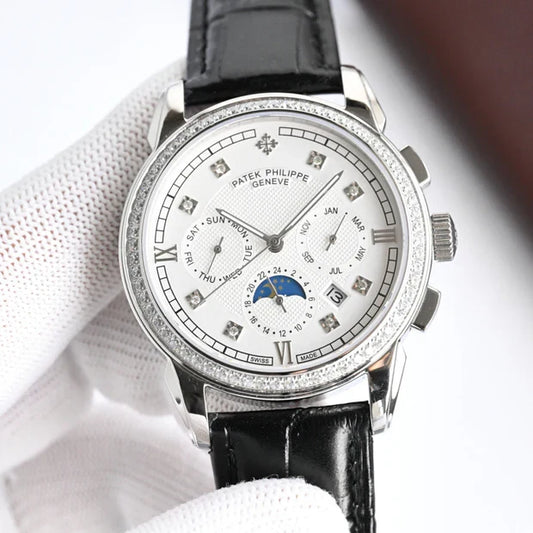 Patek Philippe Annual Calendar 42mm Diamond Benzel Black Leather Strap