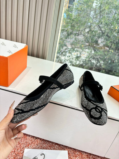 HM 26ss Pig-Nose Ballet Flatt Black Cowhide Diamond 603934