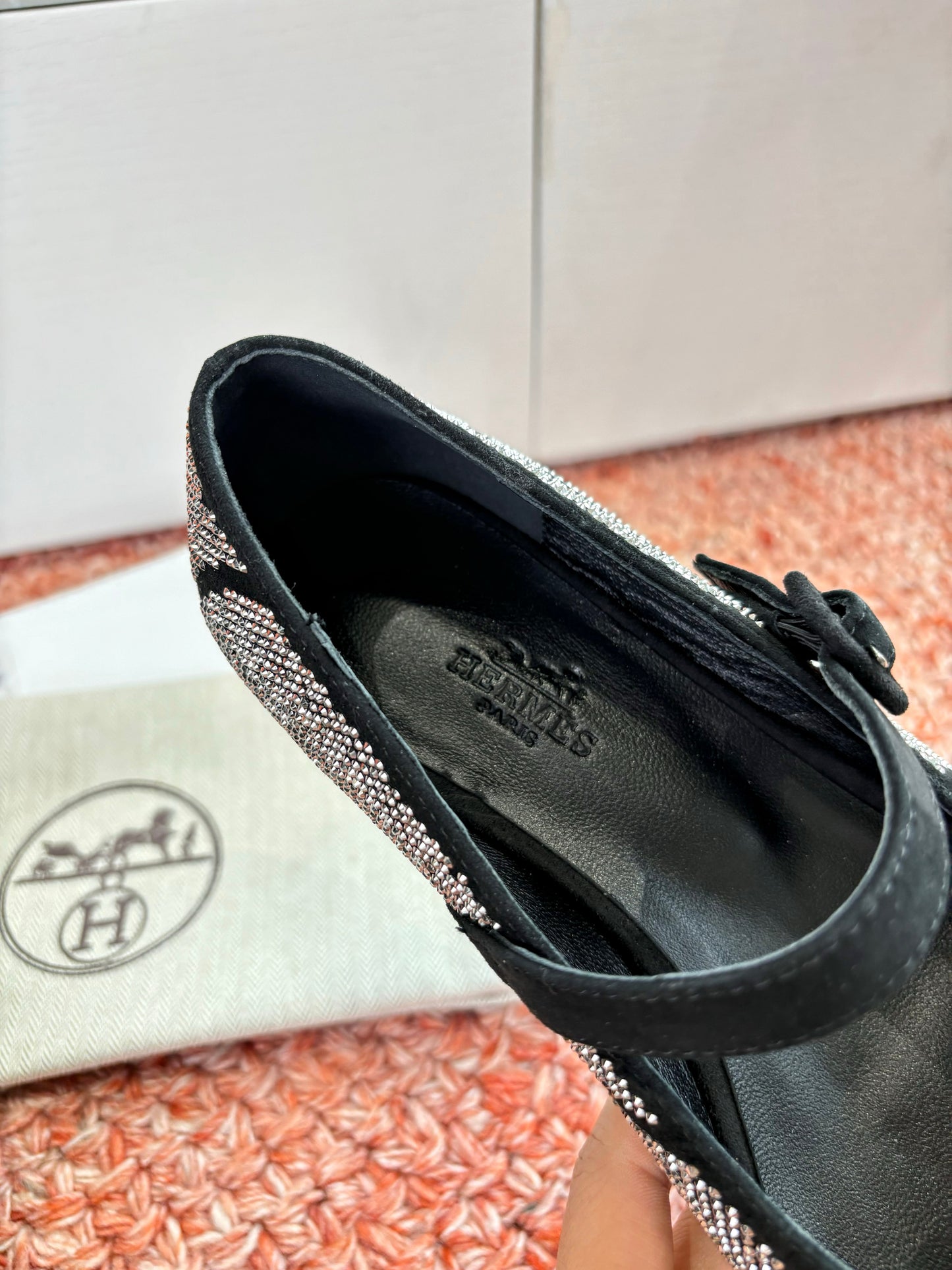 HM 26ss Pig-Nose Ballet Flatt Black Cowhide Diamond 603934
