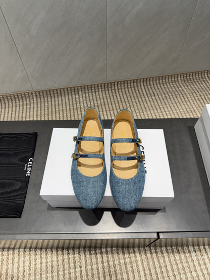 Celine 26 Ballet Flats Blue Denim 614465