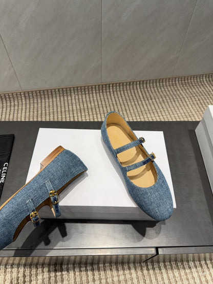 Celine 26 Ballet Flats Blue Denim 614465
