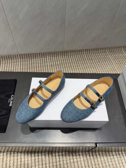 Celine 26 Ballet Flats Blue Denim 614465