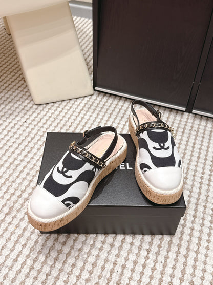 CC 26s Rope-Soled Sandals White Black Canvas Leather 652561