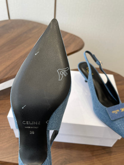 Celine 26  Pointed-Toe Slingback Blue Denim 624685