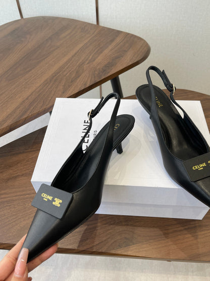 Celine 26  Pointed-Toe Slingback Black Sheepskin 624686