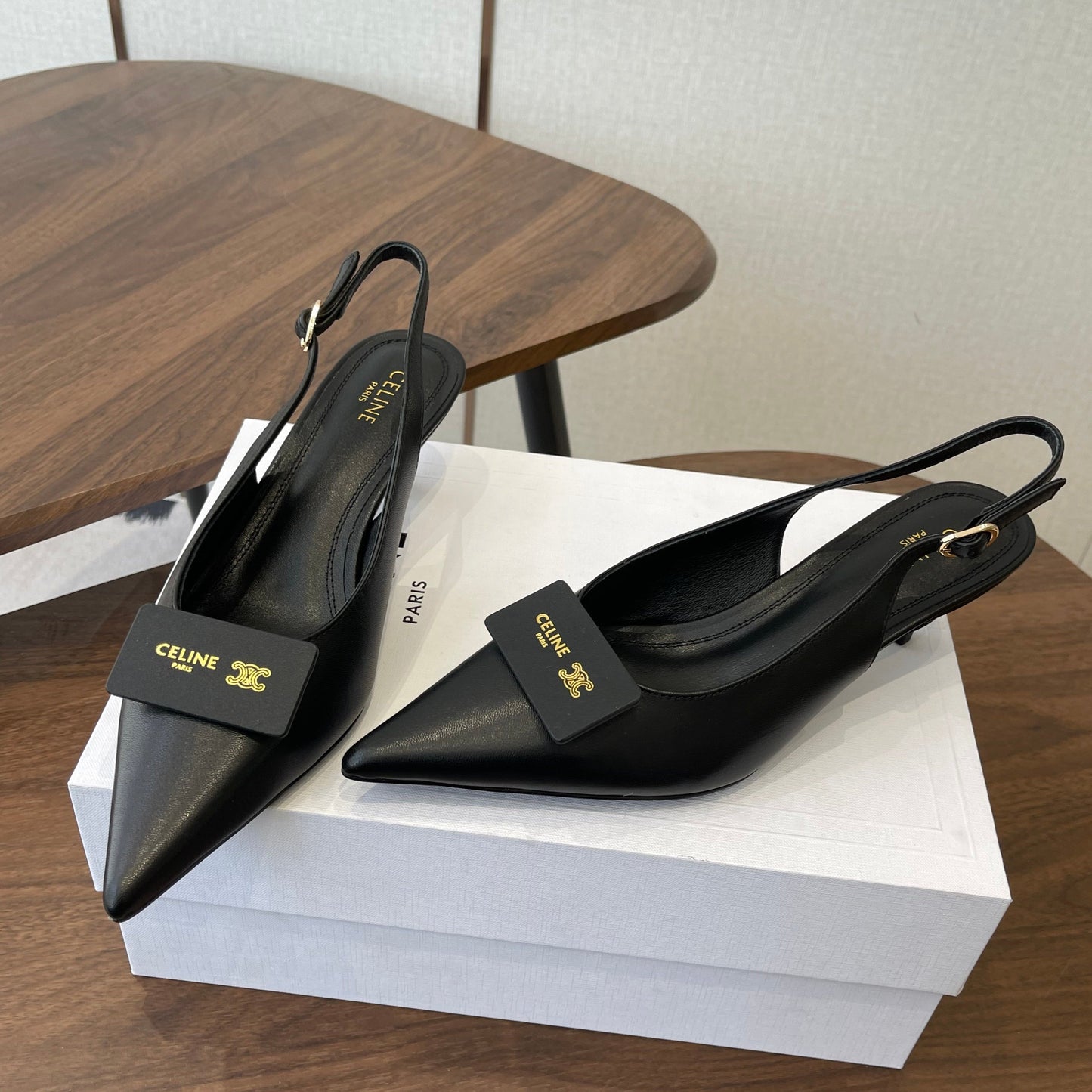 Celine 26  Pointed-Toe Slingback Black Sheepskin 624686