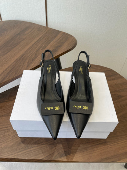 Celine 26  Pointed-Toe Slingback Black Sheepskin 624686