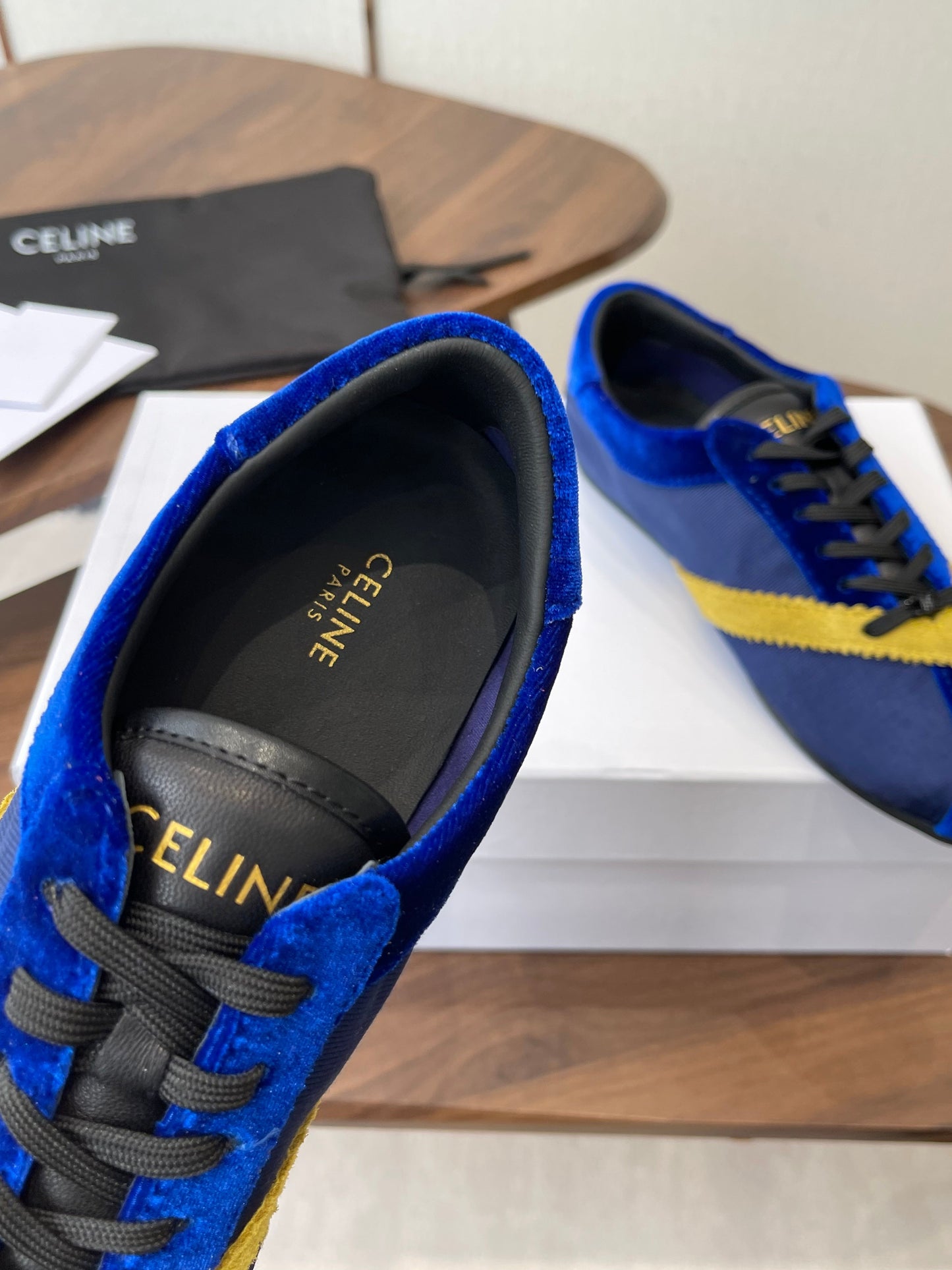Celine 26 Flat Sneaker Dark Blue Yellow Canvas Suede 624713