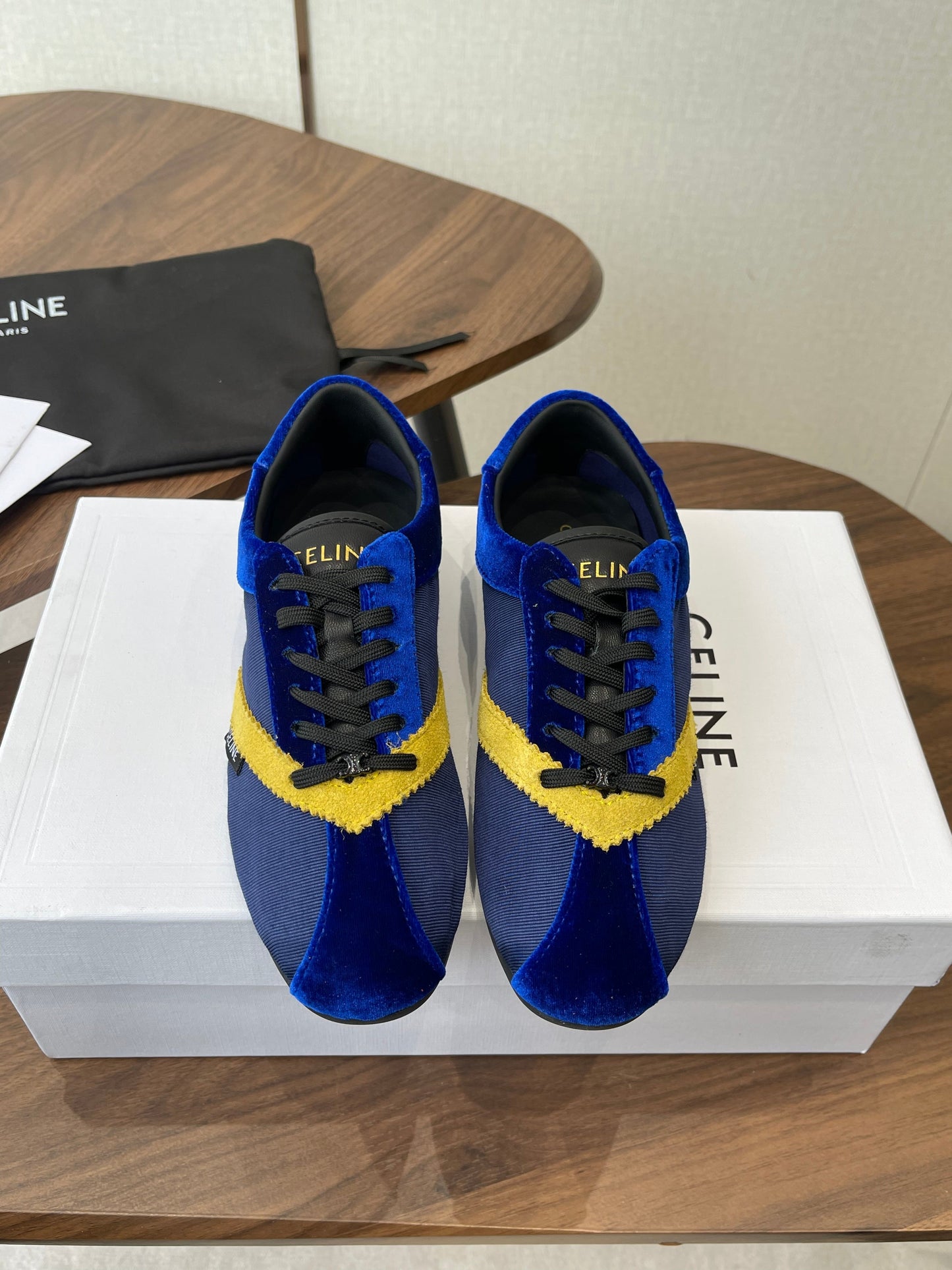 Celine 26 Flat Sneaker Dark Blue Yellow Canvas Suede 624713