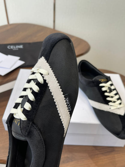 Celine 26 Flat Sneaker Black White Canvas Suede 624714