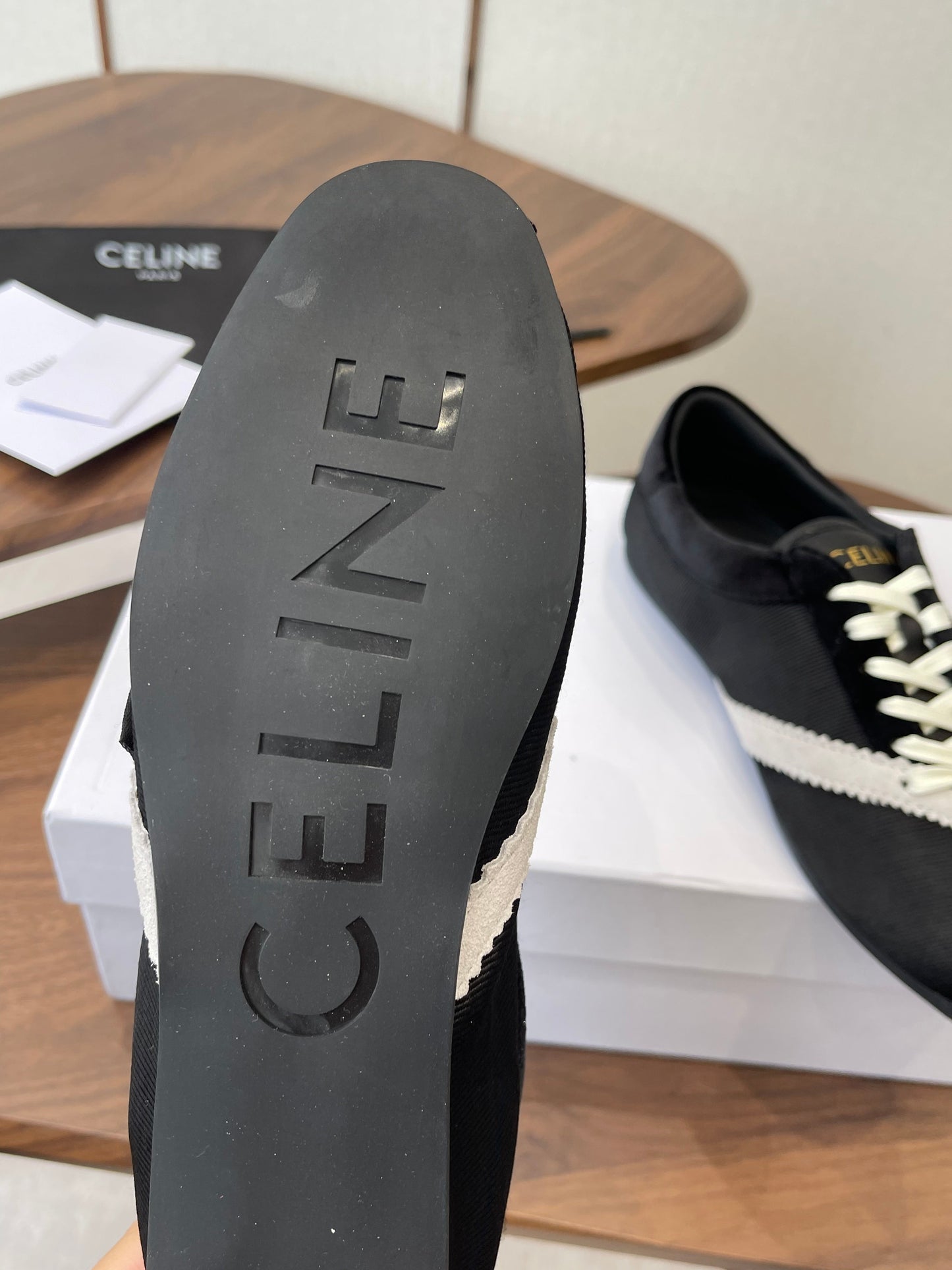 Celine 26 Flat Sneaker Black White Canvas Suede 624714