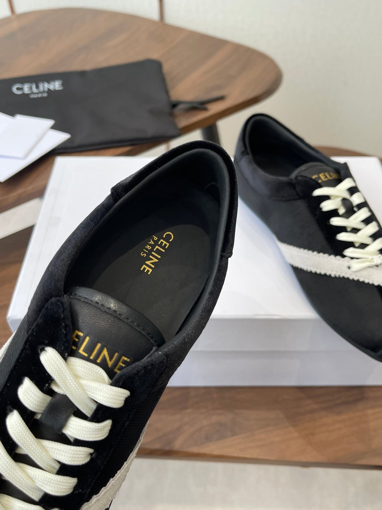 Celine 26 Flat Sneaker Black White Canvas Suede 624714