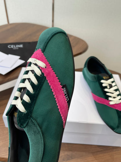 Celine 26 Flat Sneaker Dark Green Pink Canvas Suede 624715