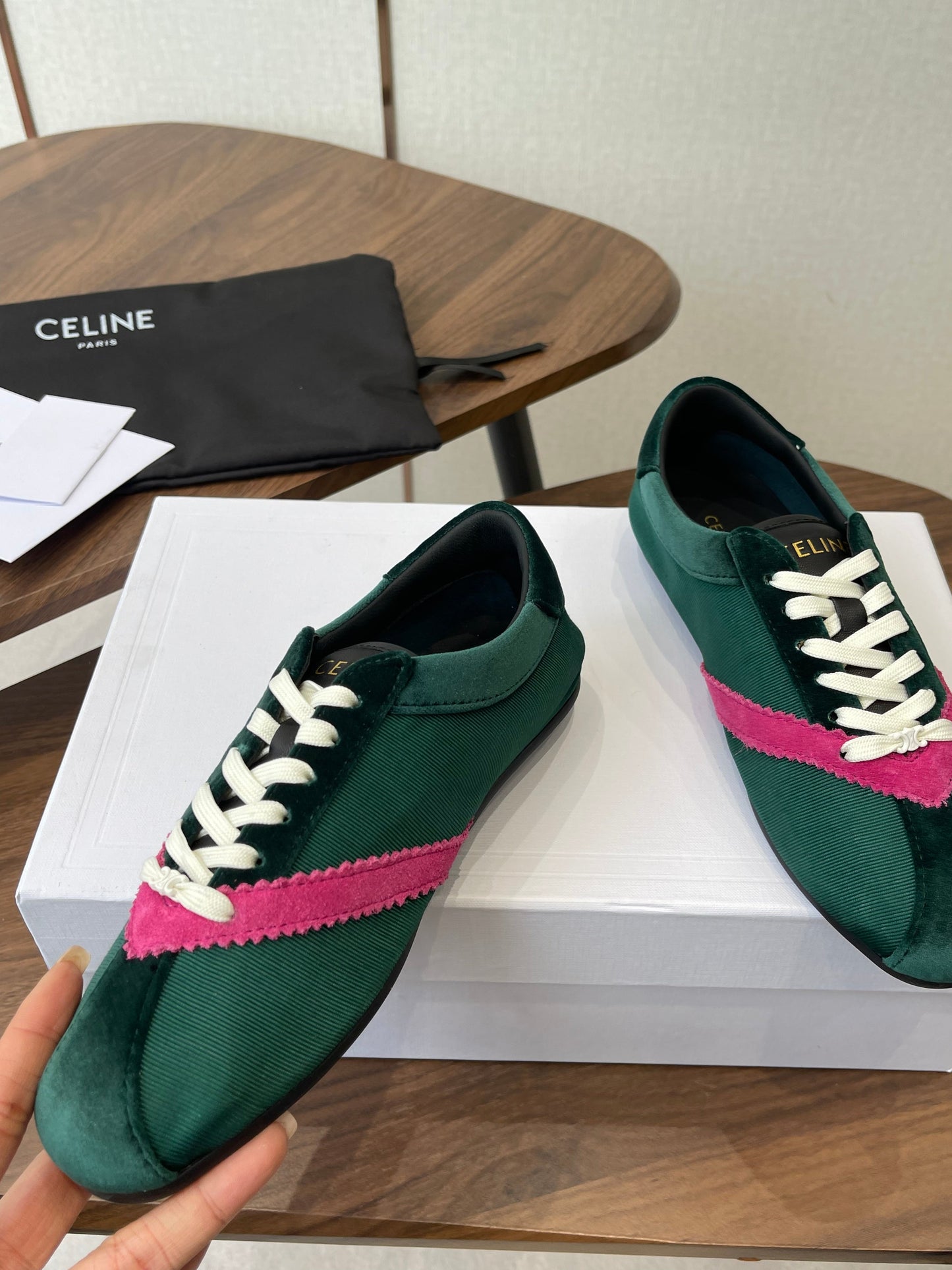 Celine 26 Flat Sneaker Dark Green Pink Canvas Suede 624715
