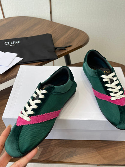 Celine 26 Flat Sneaker Dark Green Pink Canvas Suede 624715