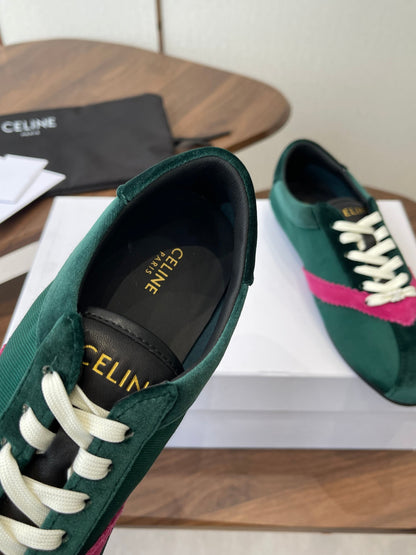 Celine 26 Flat Sneaker Dark Green Pink Canvas Suede 624715