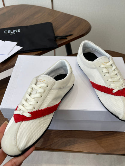 Celine 26 Flat Sneaker White Red Canvas Suede 624716