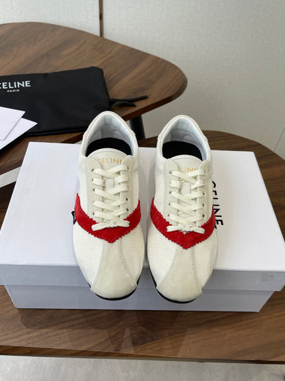 Celine 26 Flat Sneaker White Red Canvas Suede 624716