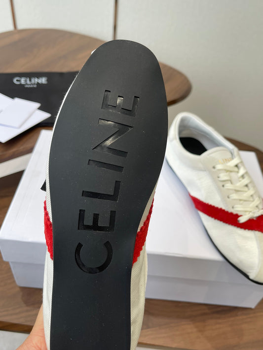 Celine 26 Flat Sneaker White Red Canvas Suede 624716