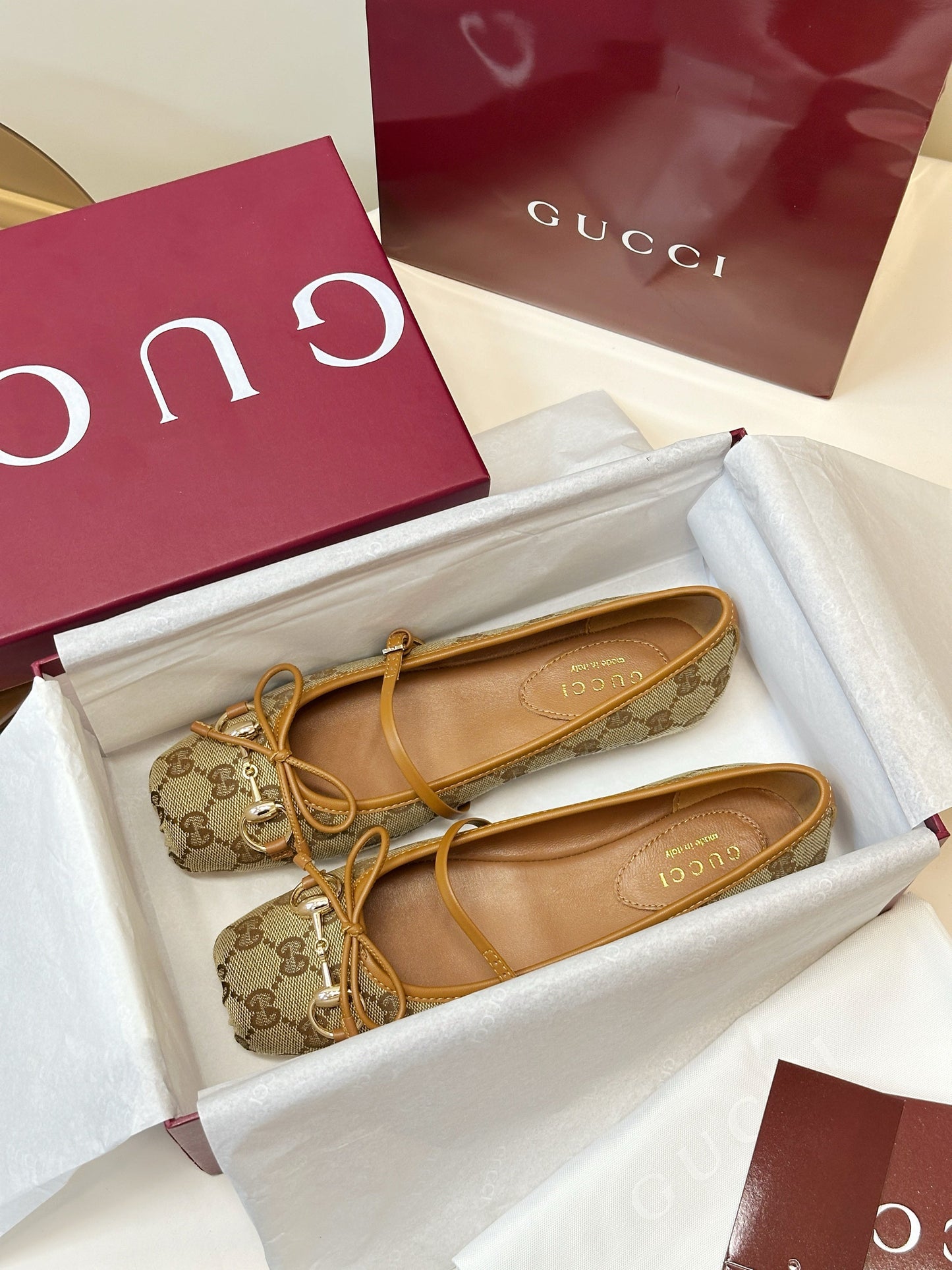 GG 26SS Ballet Flats Beige Brown Monogram Fabric Sheepskin 645710